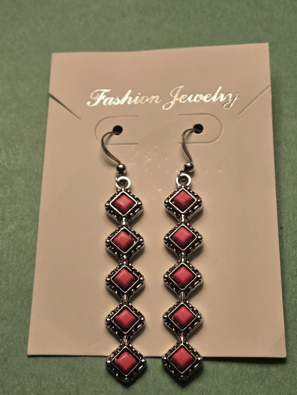 Retro Style Bohemian Long Strip Square Spliced Pink Turquoise Earrings